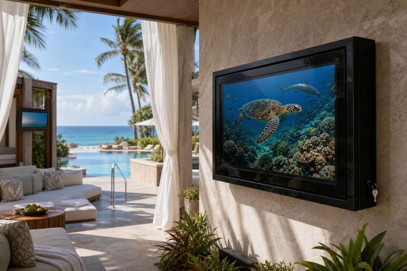 Hotel pool area comparing a dedicated outdoor TV with an indoor TV protected by an outdoor TV enclosure