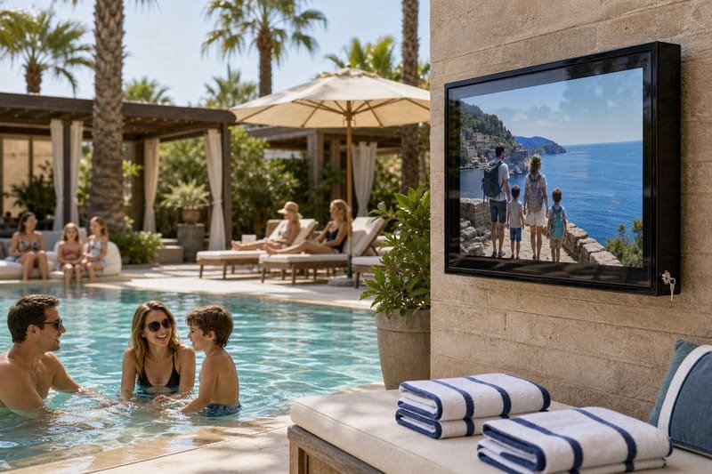 Hotel pool area with outdoor TV enclosure used as a guest experience feature