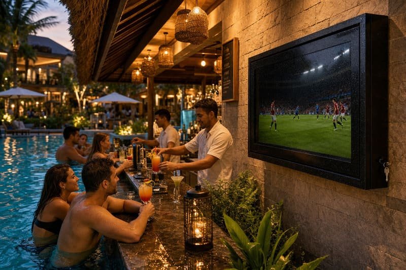 Hotel pool bar with outdoor TV enclosure supporting sports night and food and beverage service
