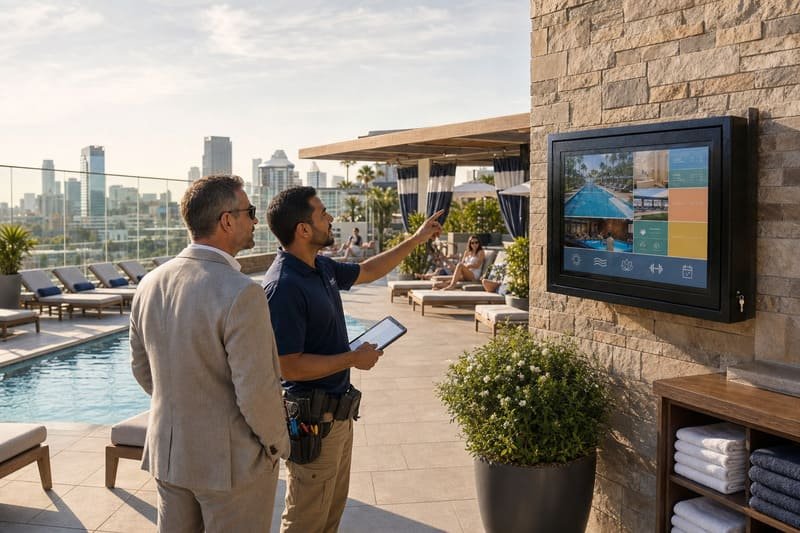 Hotel pool TV placement planning with seating zones guest flow and service path