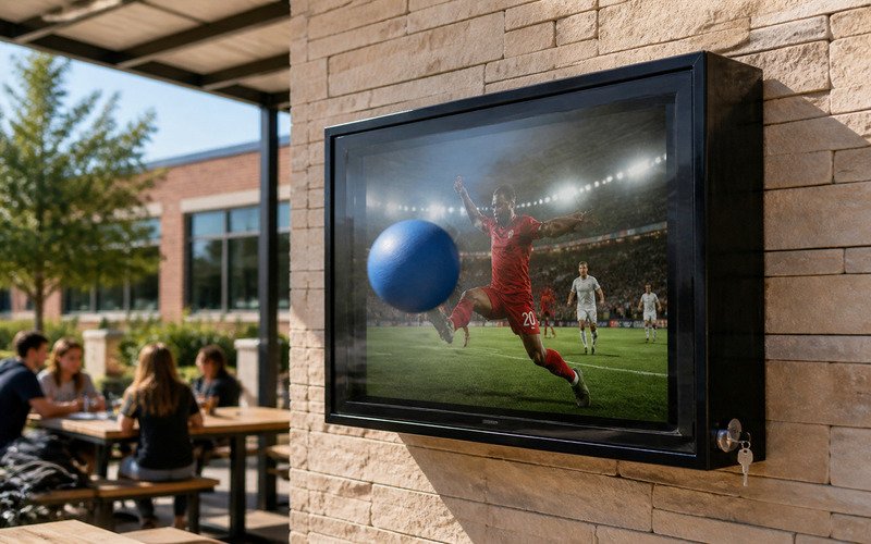 Impact-resistant polycarbonate outdoor TV enclosure protecting the screen from accidental impact