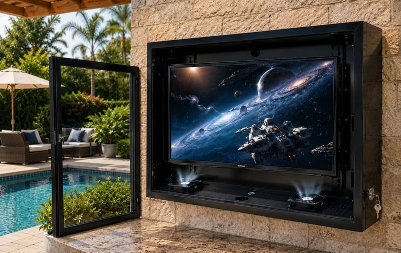 Indoor TV inside an outdoor TV enclosure with built-in cooling fans for sun protection