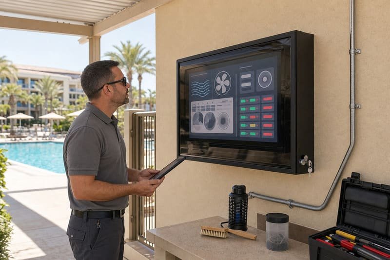 Installer checking before outdoor TV installation in a hot climate