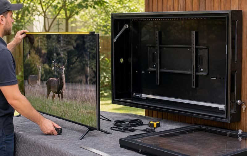 Der Installateur überprüft die Breite, Höhe, Tiefe und das VESA-Muster des Fernsehers, bevor er ihn in ein 55-Zoll-Fernsehgehäuse für den Außenbereich einbaut