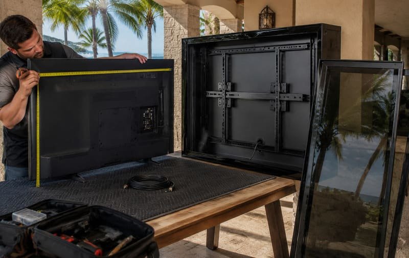 L'installatore misura la larghezza, l'altezza, la profondità di una TV da 65 pollici e il modello VESA prima di inserirla in una custodia per TV esterna