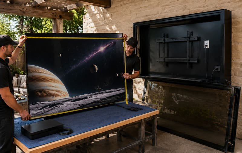 Instalační technik před výběrem venkovního televizního krytu změřil velkou šířku TV 75 palců, výšku, hloubku a vzor VESA
