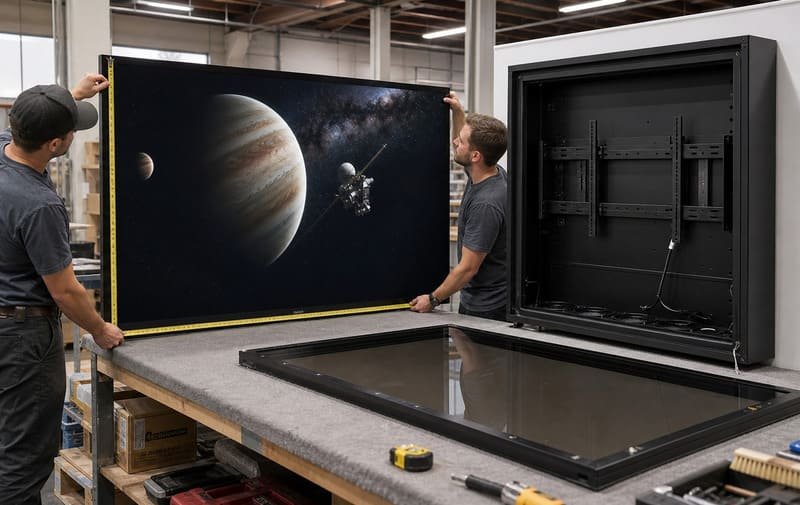 Instalační technik změřil 85palcovou šířku TV, výšku, hloubku a vzor VESA, než ji namontoval do vodotěsného krytu