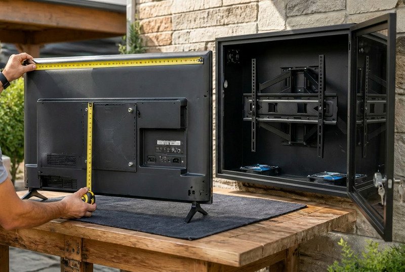 Installer measuring TV width depth and VESA pattern before placing it inside an outdoor TV enclosure