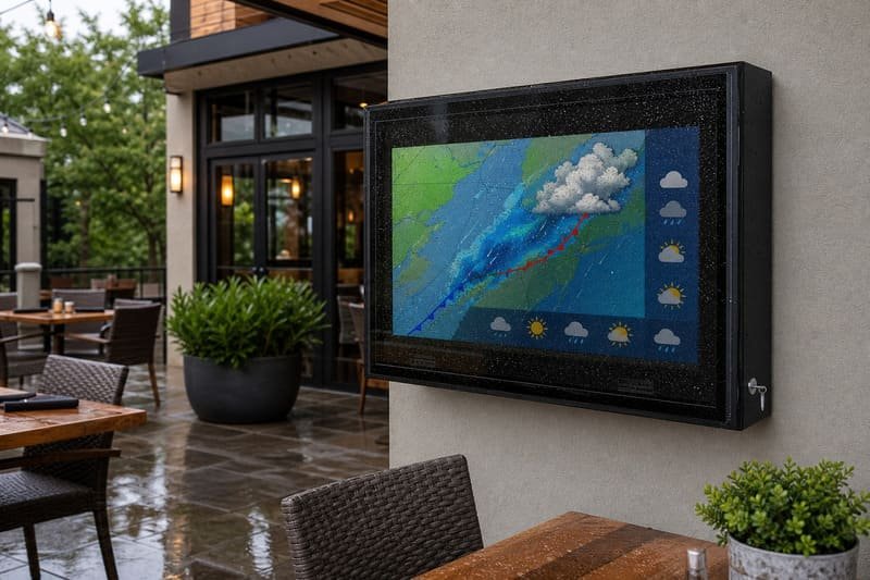 Carcasa TV pentru exterior IP65 pentru terasa restaurantului cu panou frontal sigilat, picături de ploaie, ieșire protejată pentru cablu și ecran vizibil