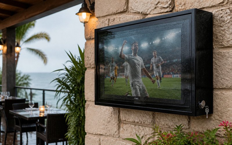 IP65 outdoor TV enclosure protecting a regular TV from rain, dust, insects, and salt air