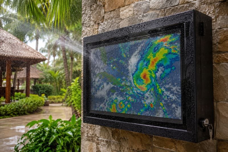 IP65 outdoor TV enclosure testing for rain and dust protection