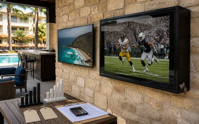 Large indoor TV with outdoor TV enclosure compared with a dedicated outdoor TV for cost planning