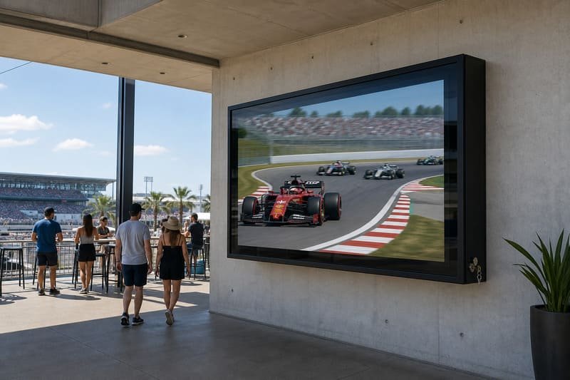 Large outdoor TV enclosure showing airflow clearance behind a large screen in a hot venue