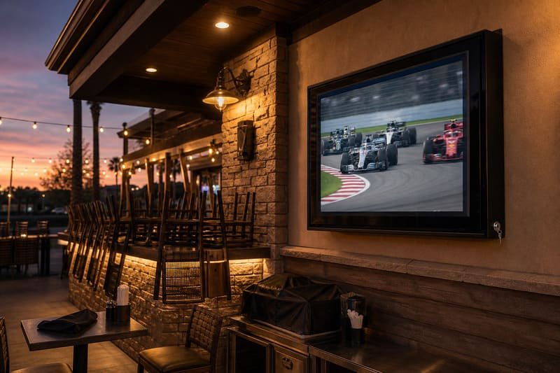 Custodia per TV da esterno con serratura come deterrente contro i furti nel patio di un bar sportivo dopo la chiusura con cavi protetti