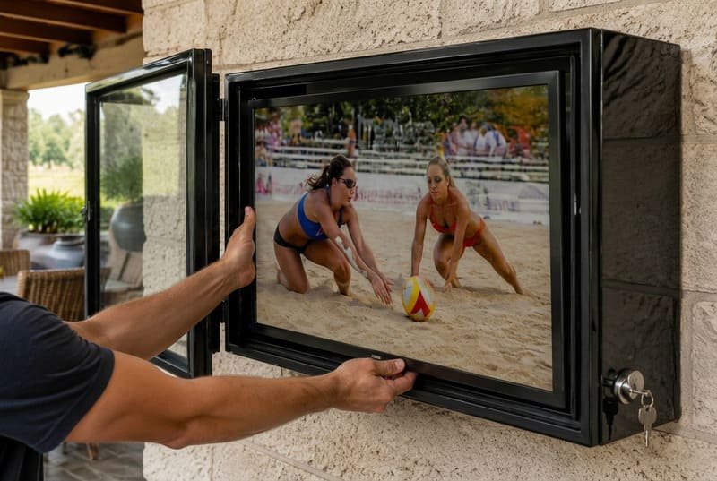 Matte indoor TV being installed inside a black polycarbonate outdoor TV enclosure for shaded patio use