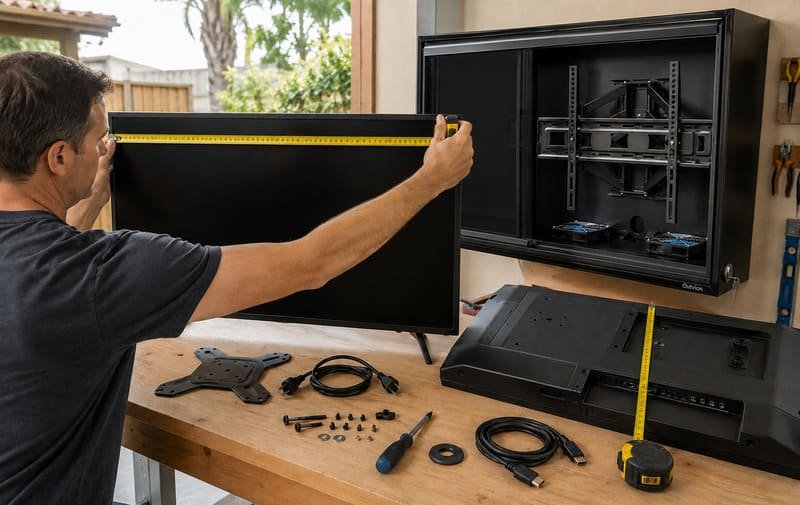 Measure outdoor TV enclosure before installation by checking TV width, height, depth, VESA pattern, and cable clearance
