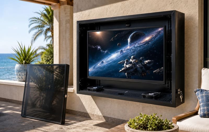 Open black polycarbonate outdoor TV enclosure showing cooling fans for coastal salt-air protection