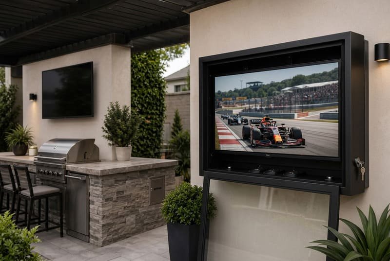Open fan-cooled outdoor TV enclosure showing airflow path and moisture management for bar patio use