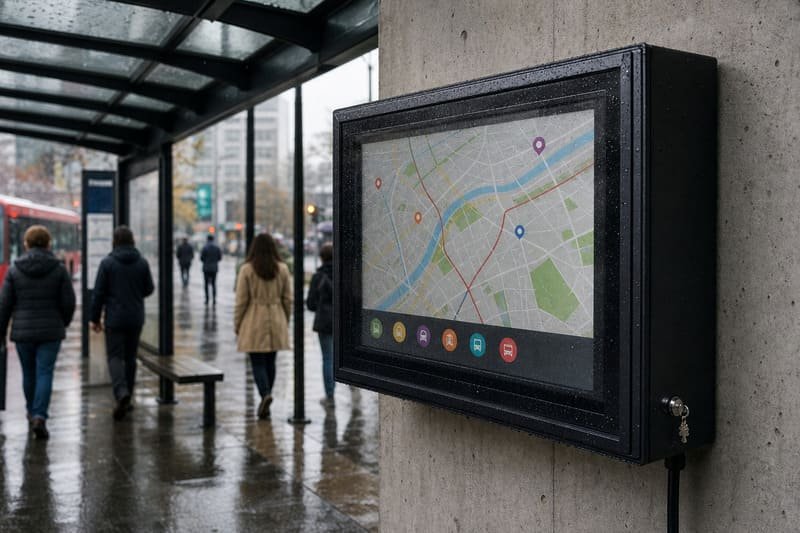 Outdoor digital signage enclosure exposed to rain dust sunlight and public traffic