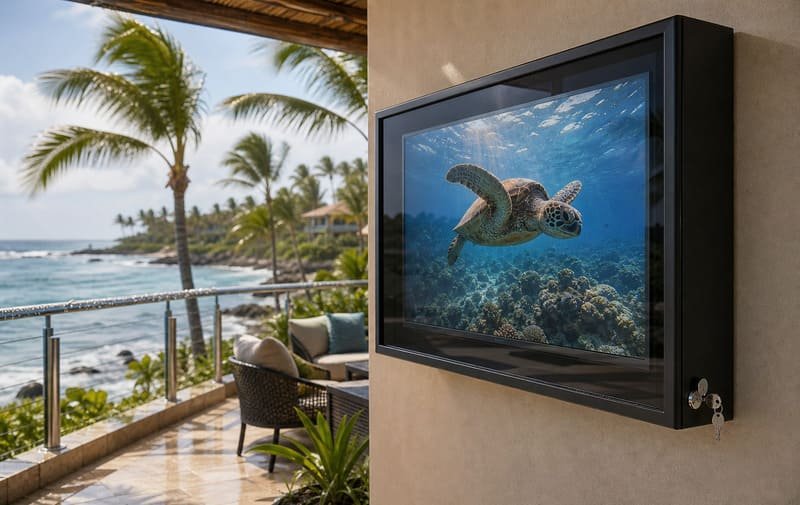 Outdoor TV enclosure in a coastal hot climate showing humidity salt air and airflow planning