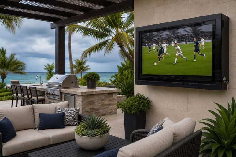 Outdoor TV enclosure installed at a tropical resort patio with humid air and coastal background