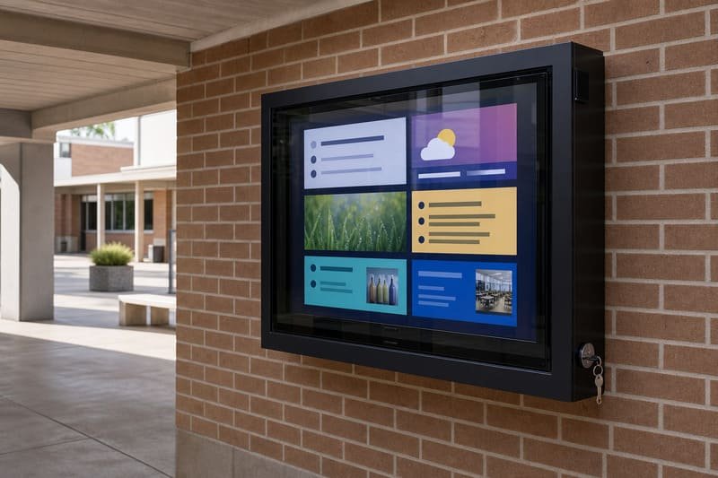 Outdoor tv enclosure installed at school campus covered outdoor corridor