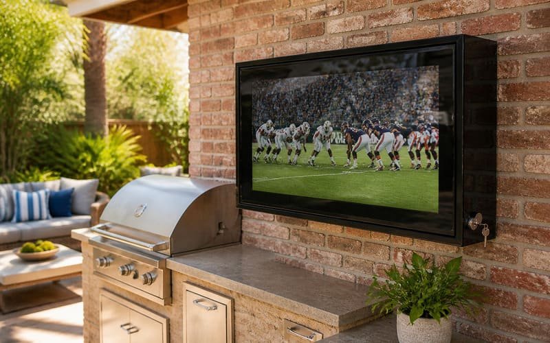 Outdoor TV enclosure installed on a brick patio wall as a cost-effective alternative to an outdoor TV