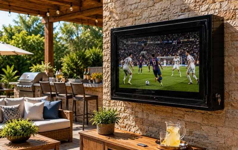 Outdoor TV enclosure installed on a sunny patio wall for UV heat and glare protection