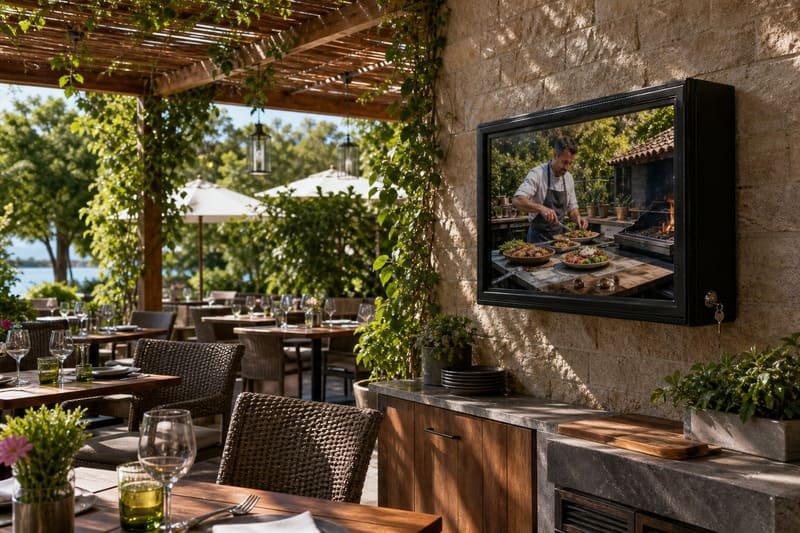 Outdoor TV enclosure installed under a pergola shade to reduce overheating risk