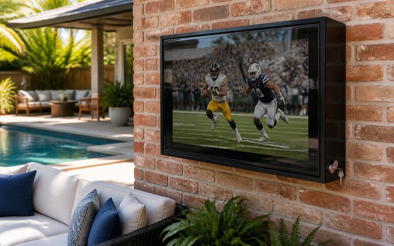 Outdoor TV enclosure mounted on a brick patio wall protecting a regular TV near a pool