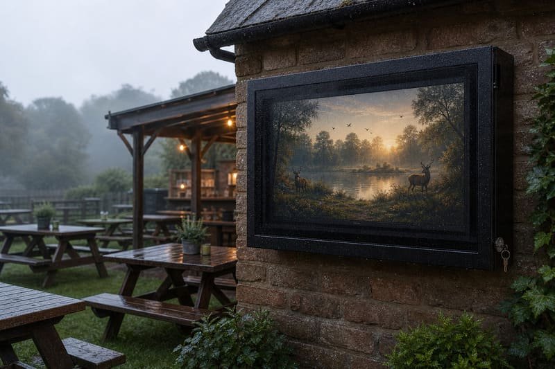 Outdoor TV enclosure on a restaurant patio exposed to morning dew and night humidity