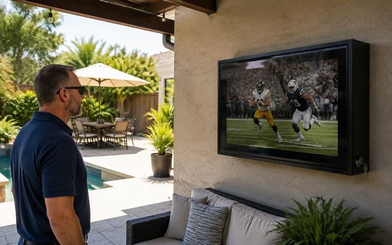 Outdoor TV enclosure placed on a shaded wall to avoid direct sun glare
