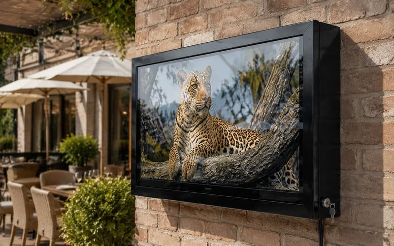 Outdoor TV enclosure protecting a screen on a brick wall while showing natural front panel reflections