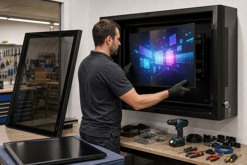 Outdoor TV enclosure shown as a protection asset layer with a replaceable TV display module inside