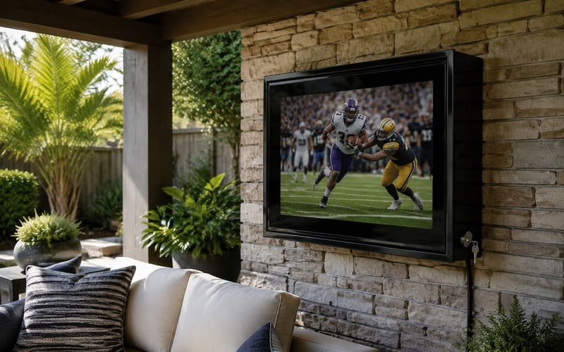 Outdoor TV enclosure under a shaded patio with reduced glare and clear screen visibility