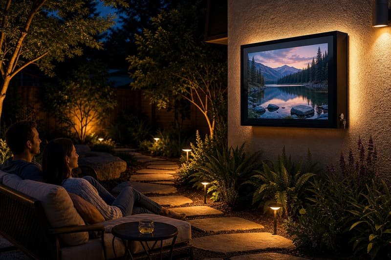 Outdoor TV enclosure with soft backlighting and low path lighting for backyard movie night comfort