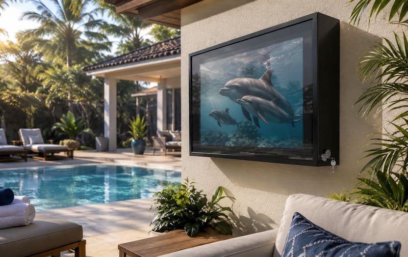 Outdoor TV environment risks near a backyard pool with splash, humidity, sun reflection, and enclosure protection