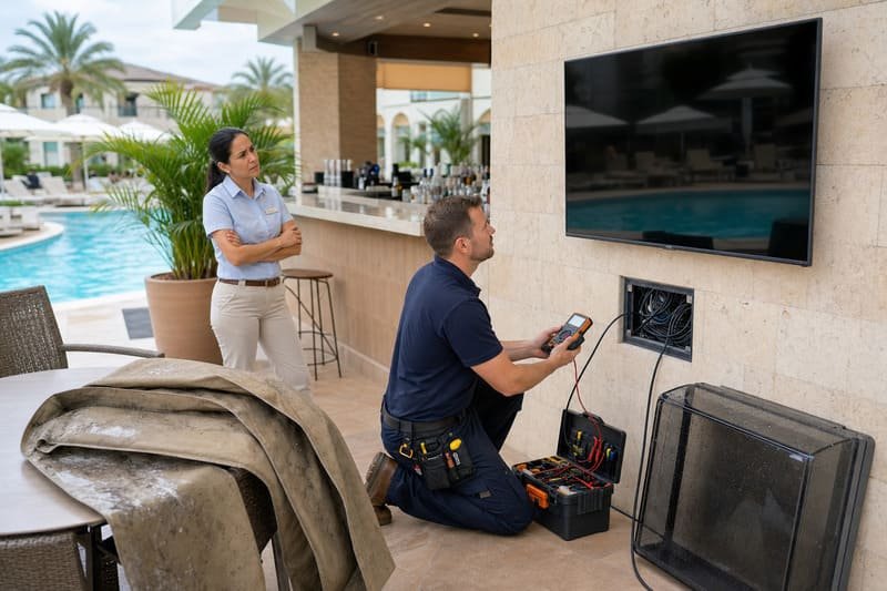 falha na TV externa causando chamada de serviço no pátio comercial