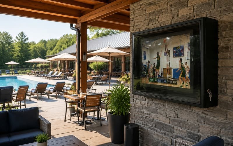 Outdoor TV glare reduction strategy for covered patio poolside and restaurant terrace spaces