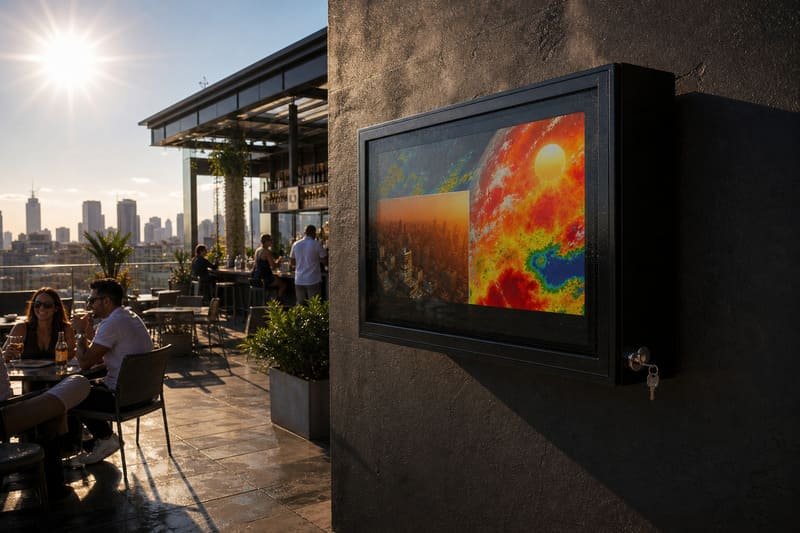 Outdoor TV heat sources including direct sun wall heat TV heat and poor airflow around an enclosure