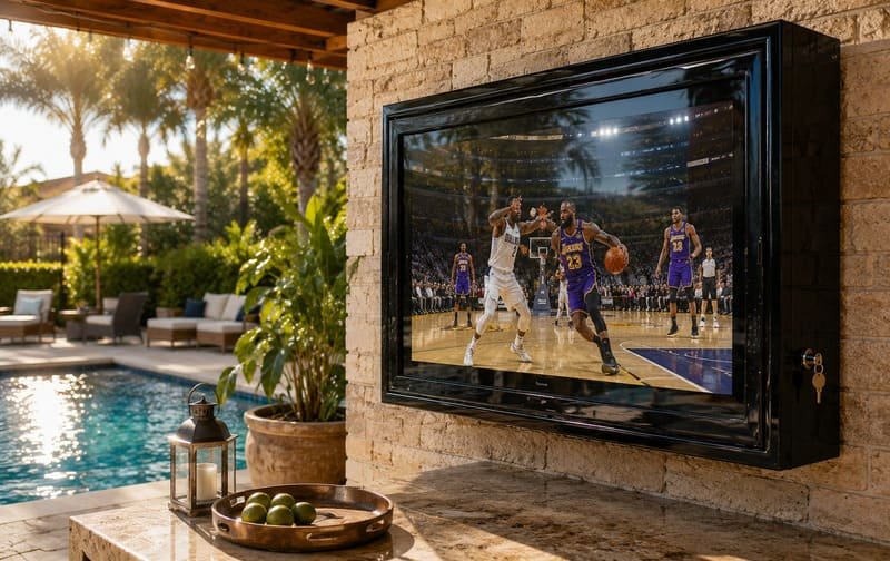 Outdoor TV screen exposed to sunlight showing UV heat and glare risks
