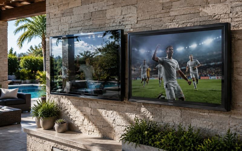 Outdoor TV screen showing strong reflections compared with a matte anti-glare screen outdoors