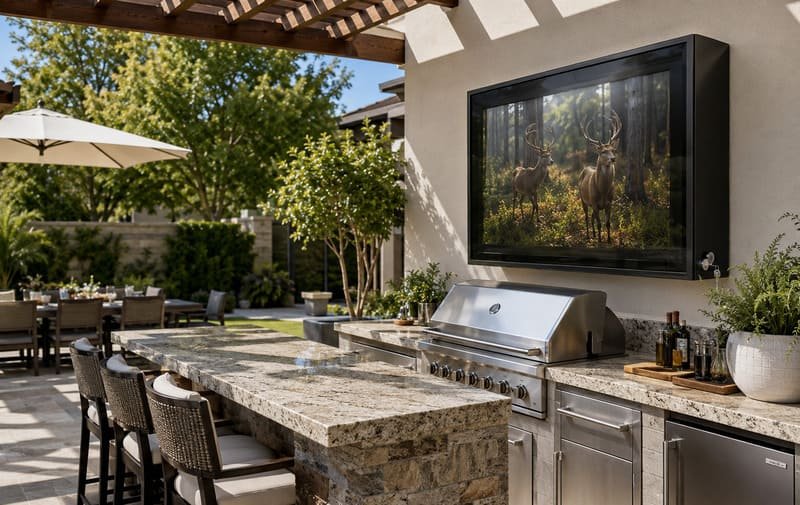 Outvion outdoor TV enclosure example for a premium backyard outdoor kitchen with weather protection and lockable access