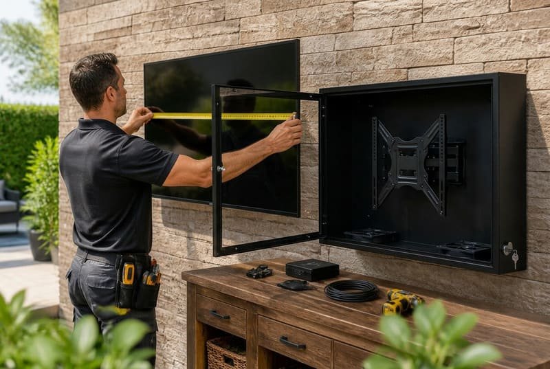 Person measuring a TV next to a black polycarbonate outdoor TV enclosure before buying