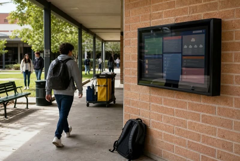 Mappa del rischio fisico per display commerciali all'aperto che mostra il contatto degli ospiti, i carrelli, i cavi esposti e il posizionamento protetto degli involucri