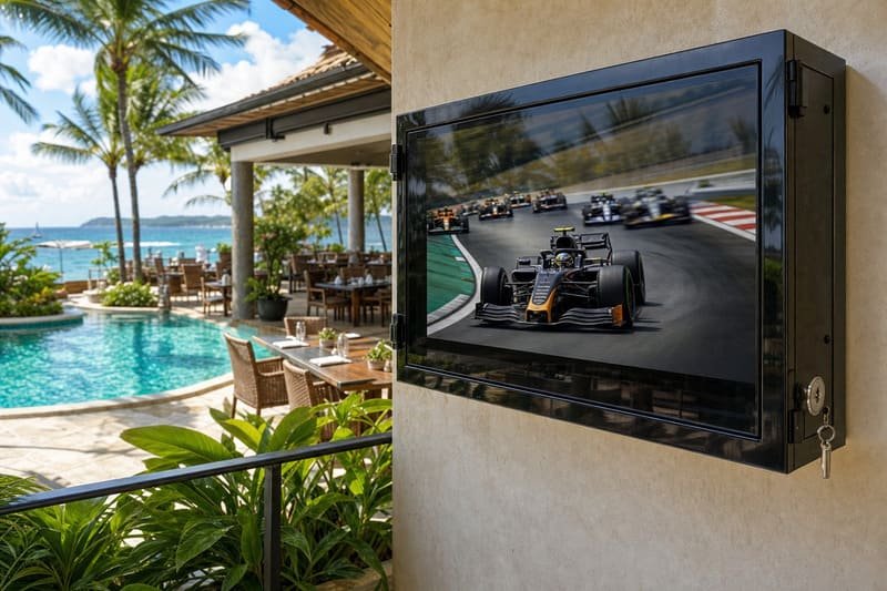 Polycarbonate outdoor TV enclosure installed near tropical coastal resort