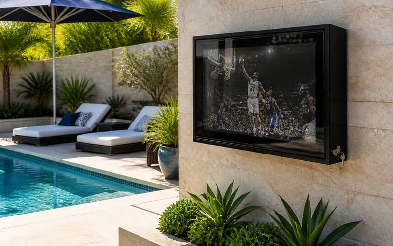 Poolside outdoor TV enclosure mounted on a wall at a safe viewing distance from the swimming pool