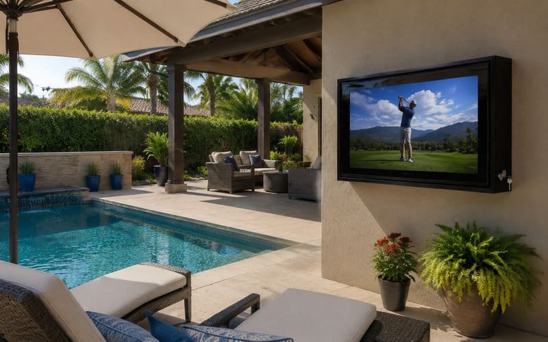 Poolside TV enclosure positioned for comfortable viewing from lounge chairs away from the splash zone