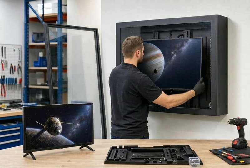 professional outdoor tv enclosure reusable through screen replacement
