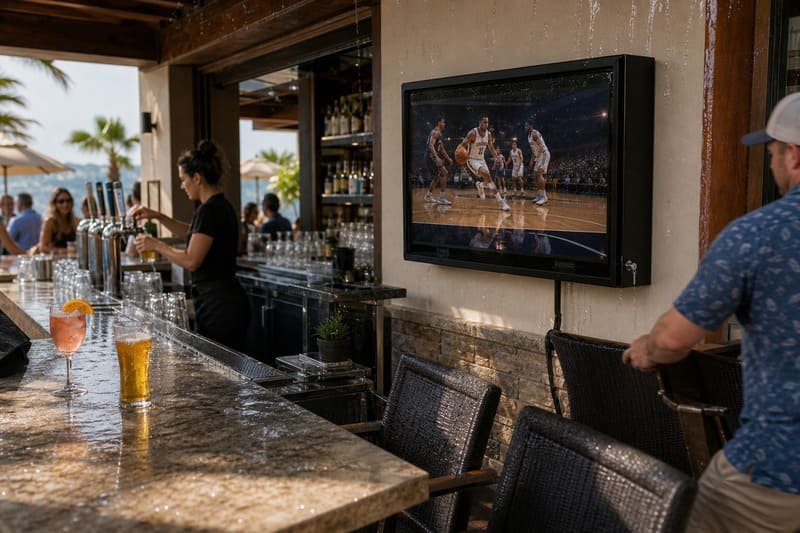 Riscuri de ploaie, stropire și impact pentru televizorul în aer liber al restaurantului în apropierea unui tejghea de bar, scaune în mișcare, apă de curățare și trafic de oaspeți